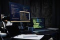 Modern Office Desk Featuring Computer Monitors Displaying Programming Code Royalty Free Stock Photo