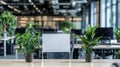 Modern Office Desk with Plants and Blank Sign Perfect for Workspace Decor Royalty Free Stock Photo