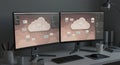 A modern office desk setup features two large monitors displaying cloud-based Royalty Free Stock Photo