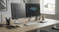 Modern office desk setup featuring two flat-panel monitors displaying code and data Royalty Free Stock Photo