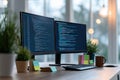 Modern office desk. Two computer screens display coding. Keyboard, mug sit on wooden table. Plants add eco touches. Professional