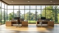 Modern office, desks, park view, sunlight, workspace Royalty Free Stock Photo