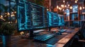 A modern office environment with many computer screens