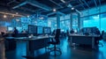 Modern office environment with multiple computer monitors displaying data and graphs, people working at desks, large windows