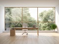 Wooden desk and chair in white spacious office, part of modern interior design. Minimalism. Open space