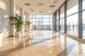 Modern office hall with panoramic windows, beige and brown tones, spacious interior design Royalty Free Stock Photo