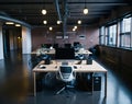 modern office interior with computer, comfortable workplace with white screen and wooden floor on background. 3 d rendering