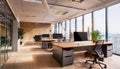 Modern office interior with computers on desks, wood finish, clear lighting, concept of workspace. 3D Rendering Royalty Free Stock Photo