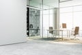 Modern office interior with a desk, chair, and partition, white and glass features, ample light, concept of workspace. 3D