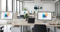 Modern Office Interior Desks, Computers, Plants, Workspace Royalty Free Stock Photo