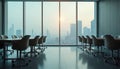 Modern office interior with empty desks chairs large windows city view. Space represents workspace demand and pro Royalty Free Stock Photo