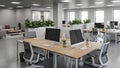 Modern Office Interior Empty Desks, Plants, and Natural Light Royalty Free Stock Photo