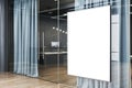 Modern office interior with empty white mock up banner, reception desk, glass partitions and curtains, wooden flooring. Waiting Royalty Free Stock Photo