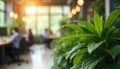 Modern office interior featuring blurred background with people at desks, green plants in foreground. Focus on natural elements Royalty Free Stock Photo