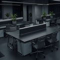 Modern office interior featuring several workstations with sleek, dark desks and Royalty Free Stock Photo