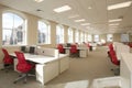 Modern office interior featuring spacious layout with bright natural light, ergonomic red chairs, and minimalist desks, creating Royalty Free Stock Photo