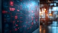 futuristic digital interface with glowing red circuit diagrams and flowcharts on transparent screen in modern office space Royalty Free Stock Photo
