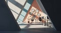 Modern office interior with geometric architecture and clocks emphasizing time management Royalty Free Stock Photo