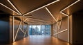 Modern office interior with geometric led lighting and city skyline view Royalty Free Stock Photo