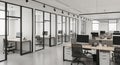 Modern Office Interior with Glass Partitioned Workstations and Computers workspace desks Royalty Free Stock Photo
