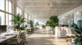 Modern office interior with green plants, desks and computers, empty room with white design. Theme of business, table, workplace, Royalty Free Stock Photo