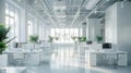 Modern office interior with green plants, desks and computers, empty room with white design. Theme of business, work, table, space Royalty Free Stock Photo