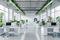 Modern office interior with green plants, desks and computers, empty room with white design. Theme of business, work, table, space Royalty Free Stock Photo