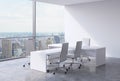 Modern office interior with huge windows and New York panoramic view. A concept of CEO workplace. Royalty Free Stock Photo