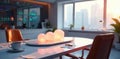 Modern office interior with illuminated sphere decor on a sleek table. Generative AI Royalty Free Stock Photo