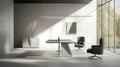 Modern office interior with a large window, desk, chairs, and sunlight streaming in Royalty Free Stock Photo