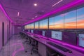 modern office workspace with multiple computer monitors and purple led lighting overlooking sunset cityscape through glass windows Royalty Free Stock Photo