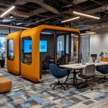 Modern office interior with an open layout featuring a vibrant orange pod for meetings. Royalty Free Stock Photo