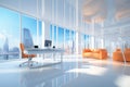 Modern office interior with orange and white furniture and panoramic windows. 3D Rendering, Bright and clean office environment,