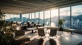 Modern office interior with panoramic city view of Hong Kong.