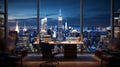 Modern office interior with with panoramic view of New York City.