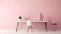 Modern office interior with pink wall, desk and chair. Minimalistic style.