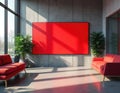 Modern office interior with red screen, sofas. Design features concrete wall, plants, large window. Sunlight streams in. Perfect Royalty Free Stock Photo