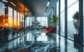 Modern Office Interior with Reflective Glass Partitions, Contemporary Workspace Design, Blurred Concept of Corporate Business Royalty Free Stock Photo