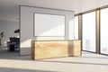 Modern office interior with sunlight, reception desk, window with city view and empty white mock up banner on white wall. Wooden Royalty Free Stock Photo