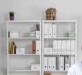 Modern office interior with tables, chairs and bookcases Royalty Free Stock Photo