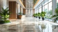 Modern office interior view, luxury hall with clean shiny marble floor, panorama of commercial building lobby. Theme of bank, Royalty Free Stock Photo