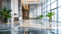 Modern office interior view, luxury hall with clean shiny marble floor, panorama of commercial building lobby. Theme of bank, Royalty Free Stock Photo