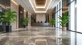 Modern office interior view, luxury hall with clean shiny marble floor, panorama of commercial building lobby. Theme of bank, Royalty Free Stock Photo