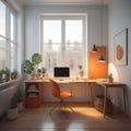 Modern office interior with wooden floor, panoramic window and city view. generative ai Royalty Free Stock Photo