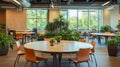 Modern Office Interior with Wooden Table, Chairs, and Greenery Royalty Free Stock Photo