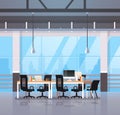 Modern office interior workplace desk creative co-working center workspace cityscape background flat