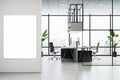 Modern office interior with workspace, large windows, city view, plants, and empty poster. Concept of a workplace. 3D Rendering Royalty Free Stock Photo