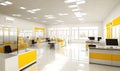 modern bright office interior with yellow and white color scheme featuring multiple workstations and large windows for natural lig Royalty Free Stock Photo