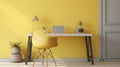 Modern office interior with yellow walls, wooden floor, computer and yellow chair. Minimalistic style.