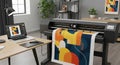Modern office with large format printer producing colorful abstract art in creative workspace. concept of digital printing Royalty Free Stock Photo